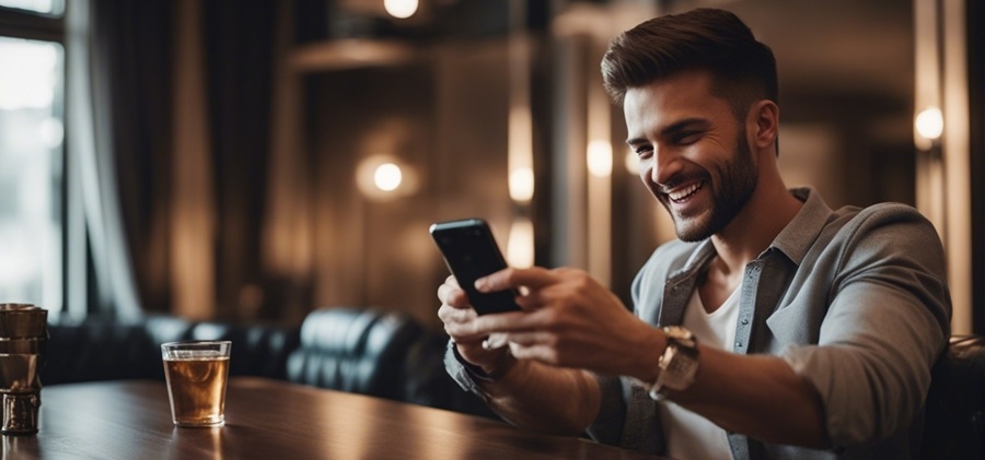 A seated punter looking at his phone and looking happy